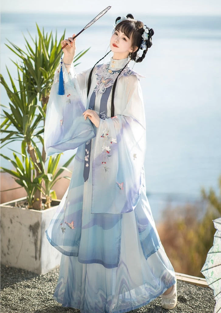 Women 5-Piece Blue Butterfly Floral Embroidered Hanfu Dress Set | HANFUBAO