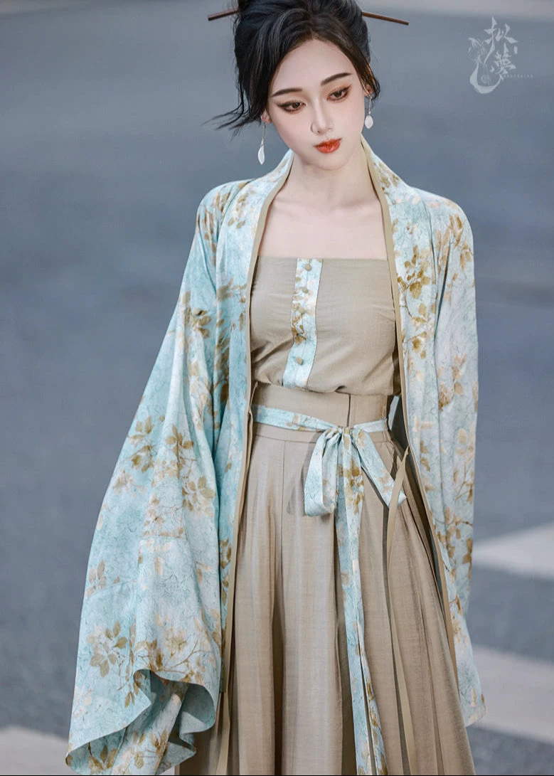 Women’s Daily Hanfu 3-Piece Pants Set Floral Cyan Linen-Rayon Blend | HANFUBAO