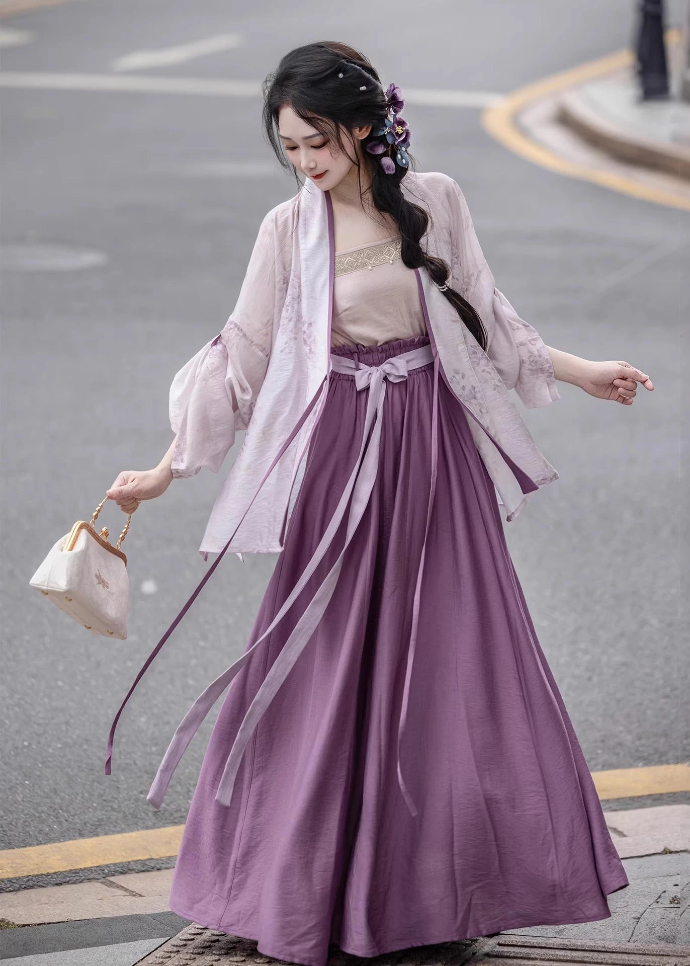 Women Viscose-Nylon Modern Daily Hanfu Set Wisteria Purple | HANFUBAO