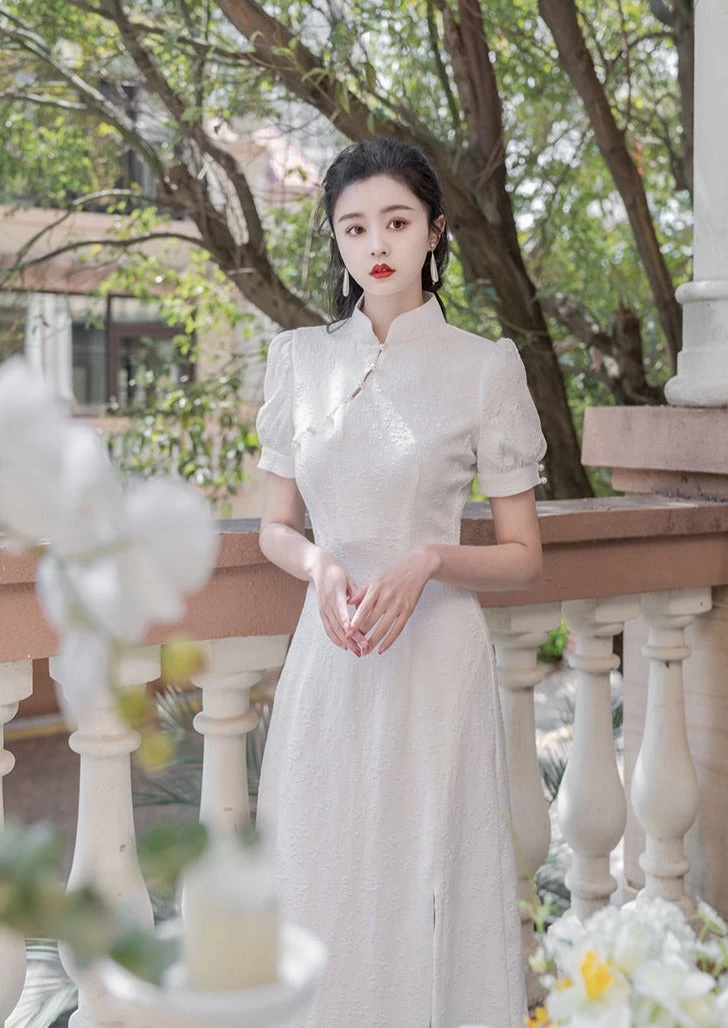 HANFUBAO | Women  Modern Hanfu Bridal Qipao Dress White Embroidery S-XL