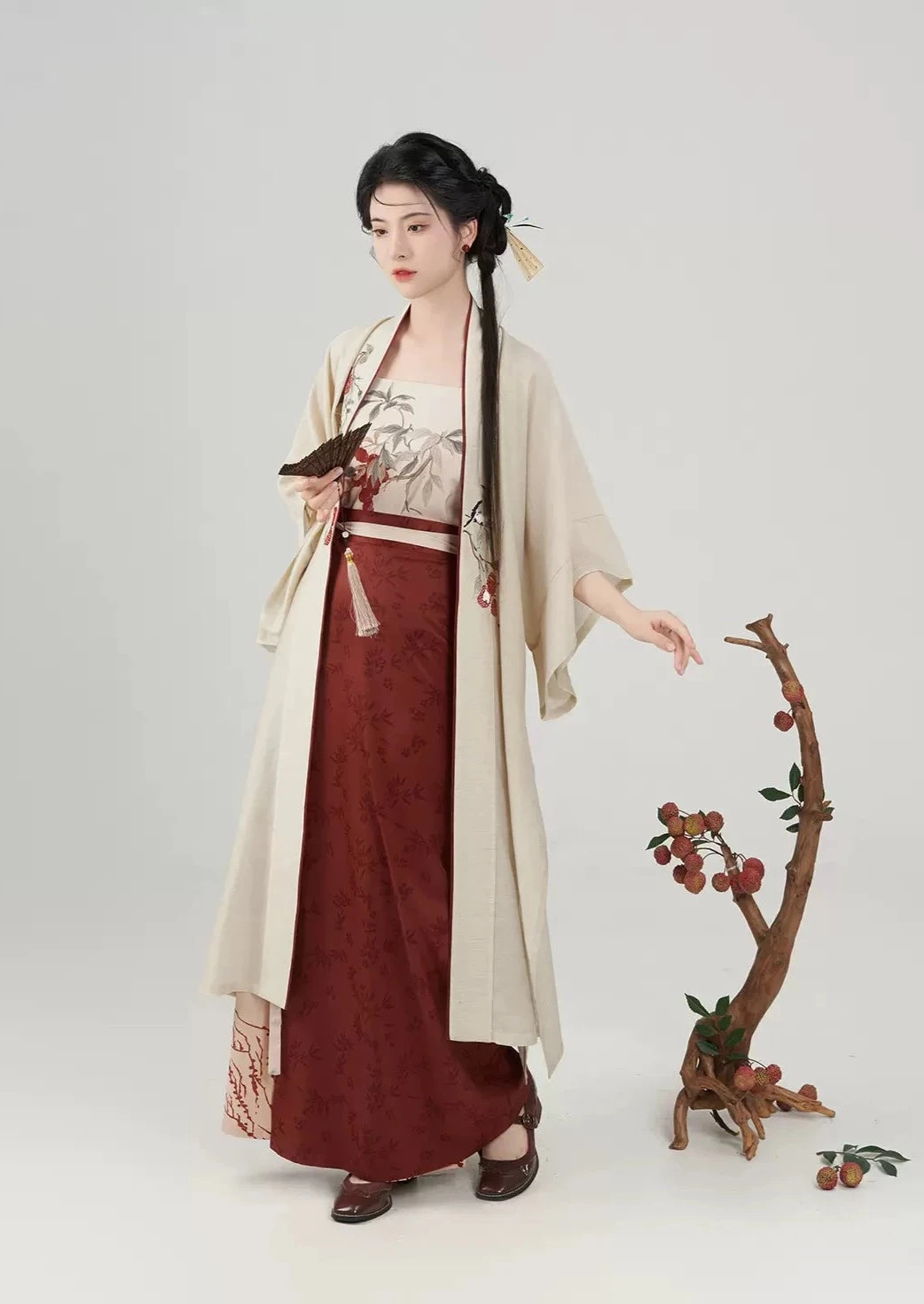 Women Modern Daily Hanfu 3-Piece Set Lychee Magpie Print| HANFUBAO