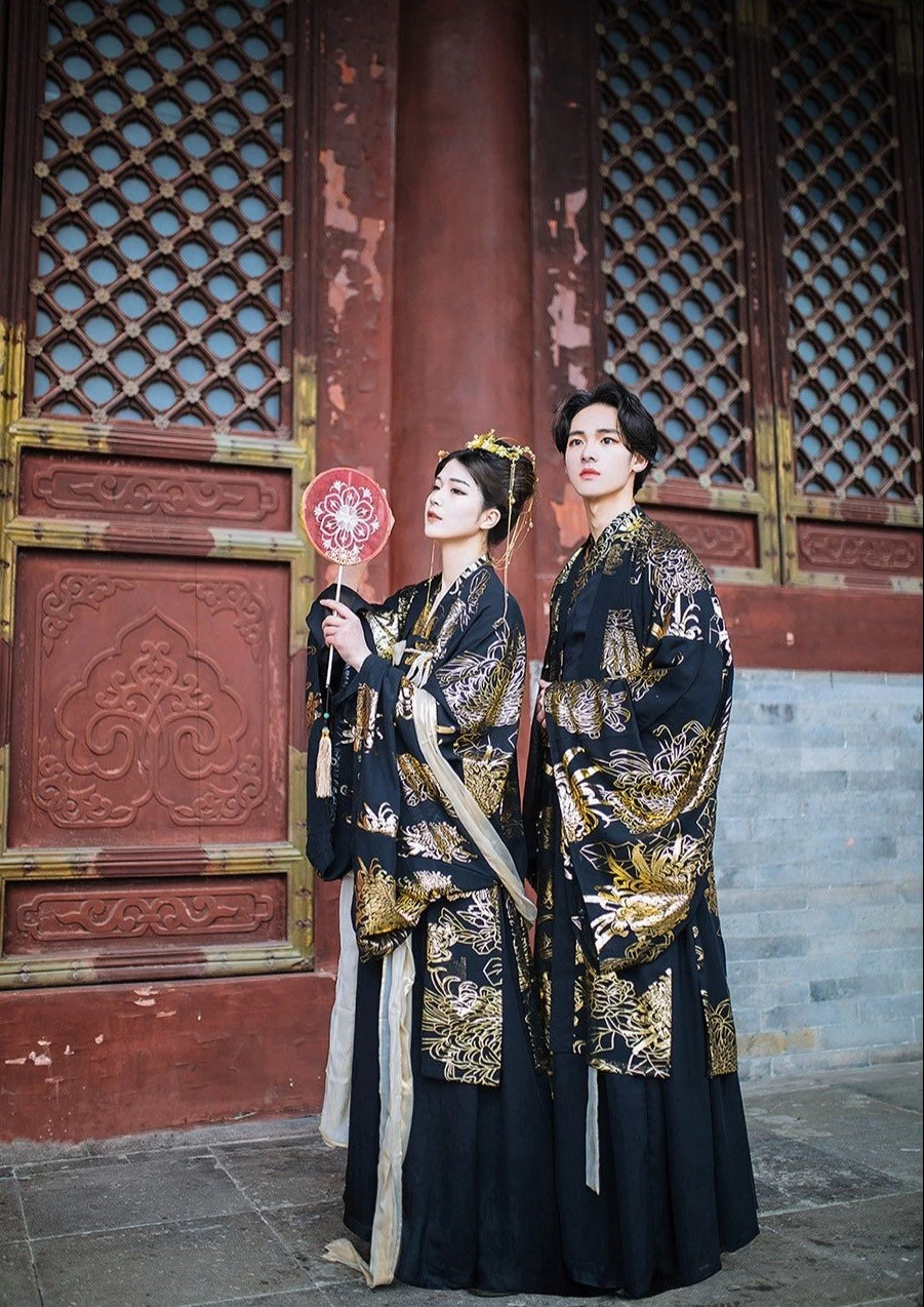 Men Modern Hanfu Couple Set Black Gold Daisy  Daily Wear | HANFUBAO