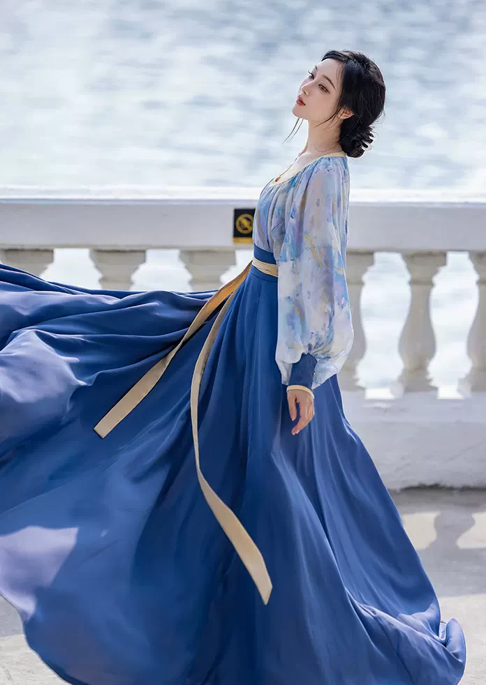 Women Modern Hanfu 2-Piece Artificial Silk Set, Van Gogh Sea Print | HANFUBAO