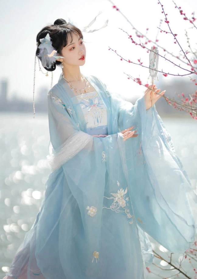 Women Modern Hanfu Chiffon Dress Set Pink Aqua 4-Piece | HANFUBAO