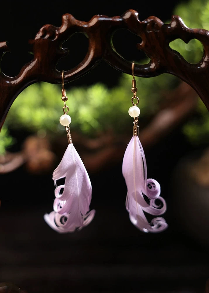 Women Shrink Plastic Hair Clips, Purple Floral Feather Pair | HANFUBAO