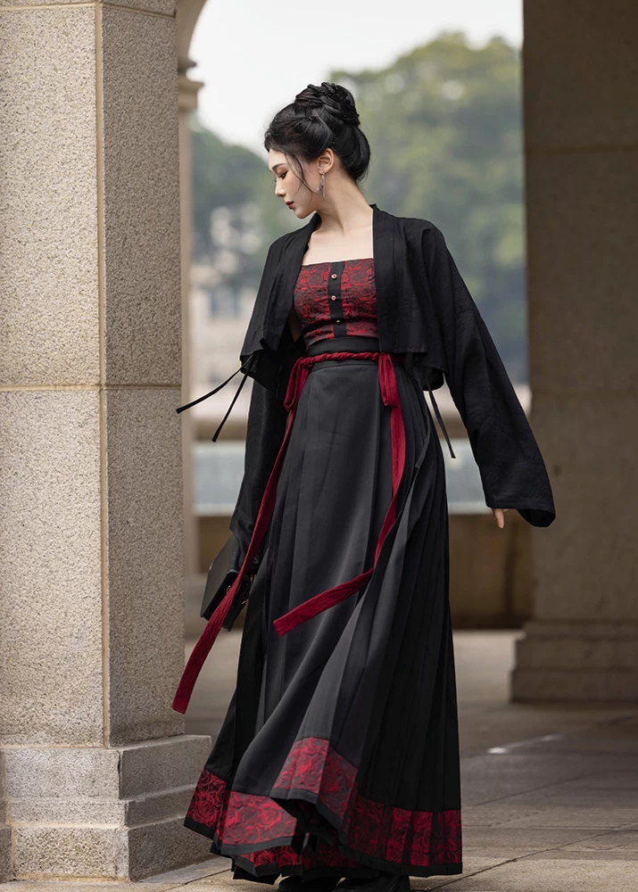 Women's 3-Piece Modern Crimson Hanfu Set, Viscose-Poly Daily Wear| HANFUBAO