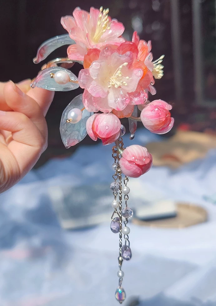 Women Handmade Cherry Blossom Pink Shrinky Dink Hanfu Hairpiece| HANFUBAO