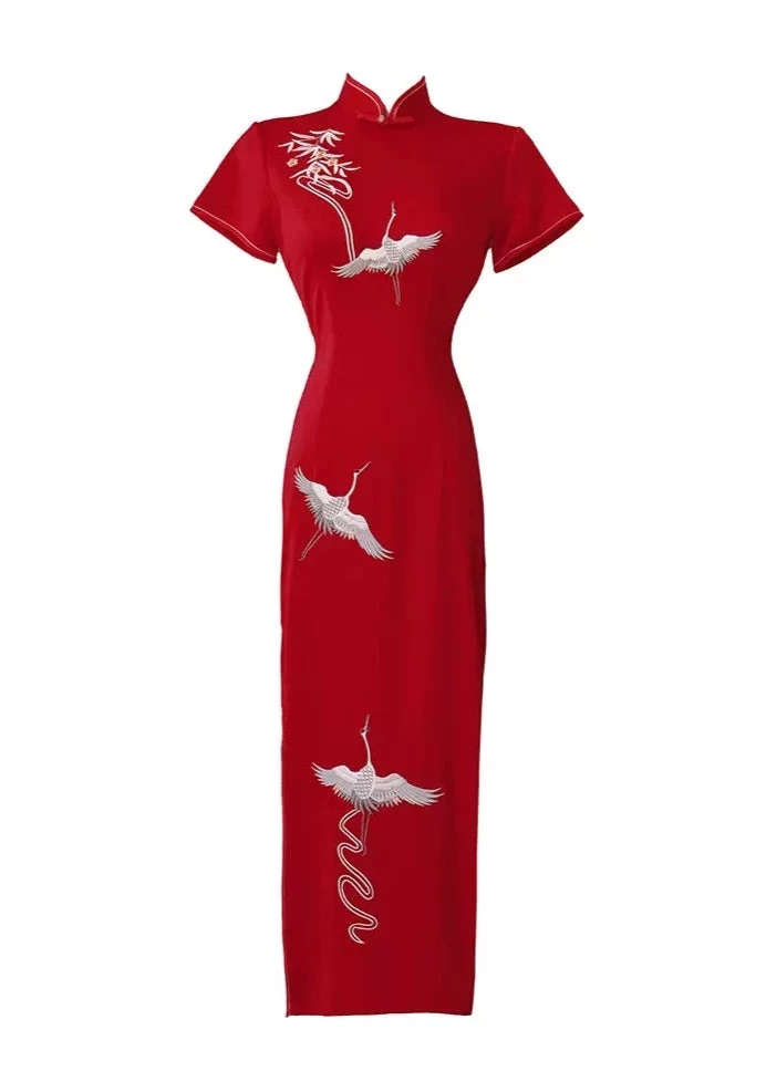 Women’s Red Crane Embroidered Acetate Satin Qipao Dress | HANFUBAO
