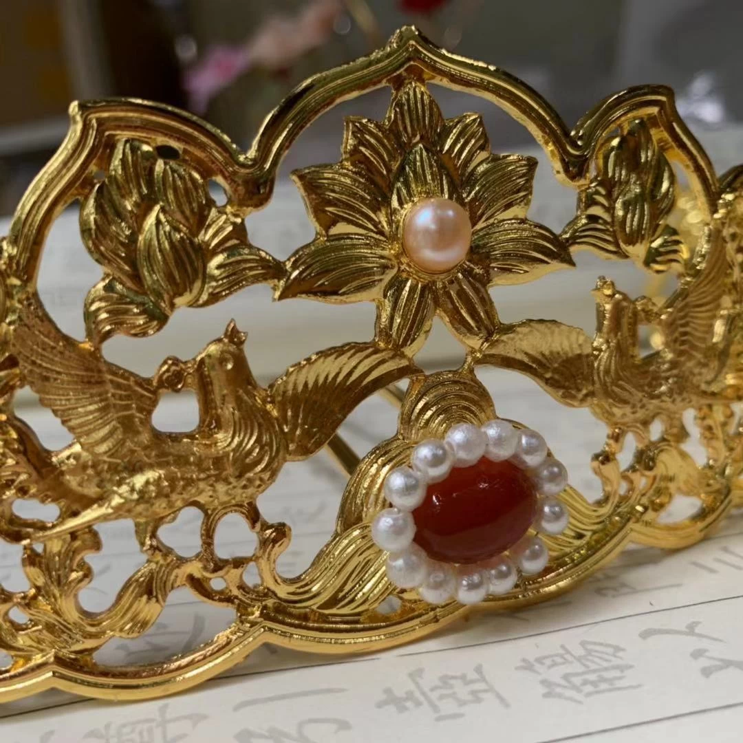 Women Copper Faux Pearl Hairpin Gold Peony Flower Crown | HANFUBAO