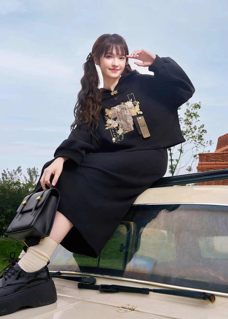 Women's 2-Piece Daily Hanfu Hoodie & Skirt Jasmine Scroll Print| HANFUBAO