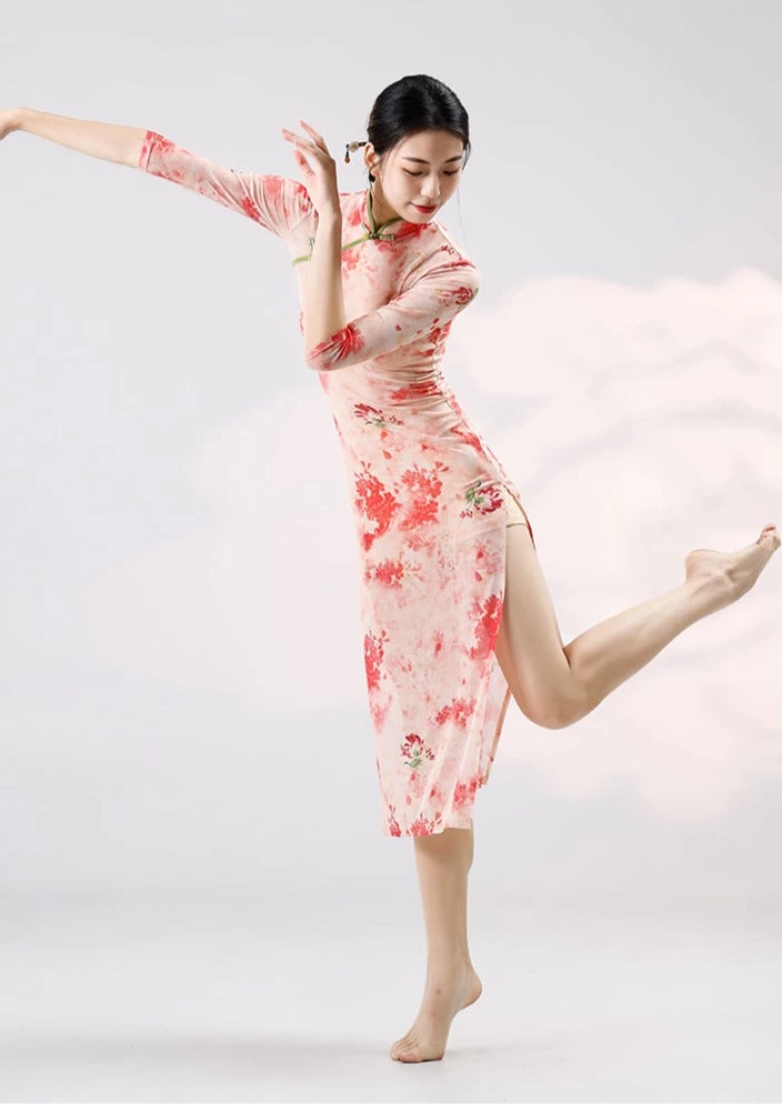 Women Modern Hanfu Stretch Dance Dress Set Rose Deer Print| HANFUBAO