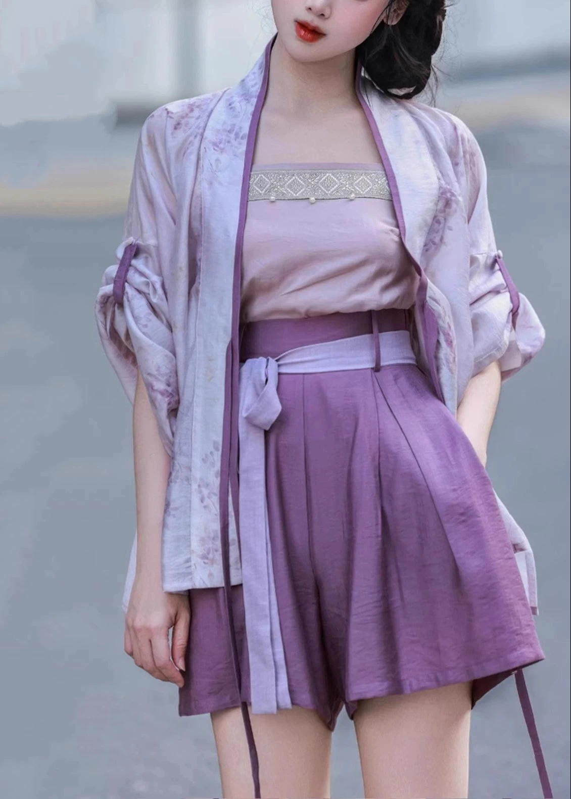 Women Rayon Blend Modern Daily Hanfu 3-Piece Set Purple Wisteria | HANFUBAO