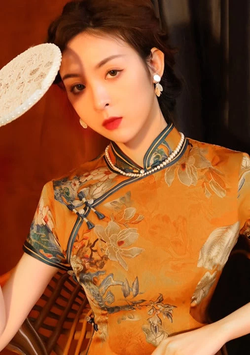 Women Modern Hanfu Gambiered Gauze Yellow Printed Qipao Dress | HANFUBAO