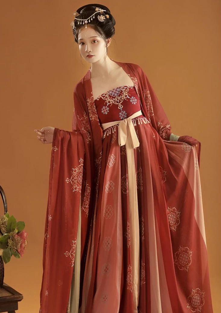 Women's Chiffon Vintage Floral Embroidered Red Hanfu Dress Set | HANFUBAO