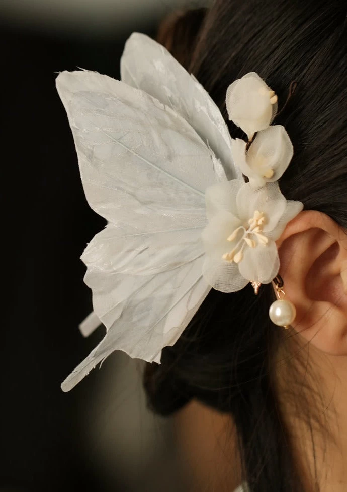 Women Feather Butterfly Hair Clip Faux Pearls Party Hanfu Accessory | HANFUBAO