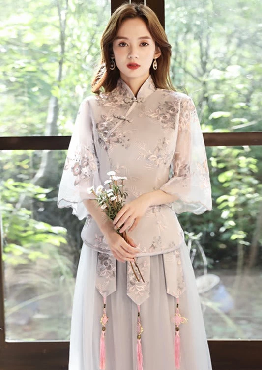 Women Chinese Style Hanfu Bridesmaid Dress Set Gray Plus Size | HANFUBAO