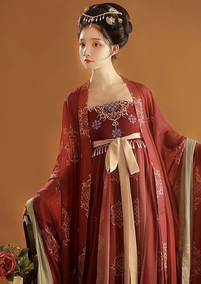 Women's Chiffon Vintage Floral Embroidered Red Hanfu Dress Set | HANFUBAO