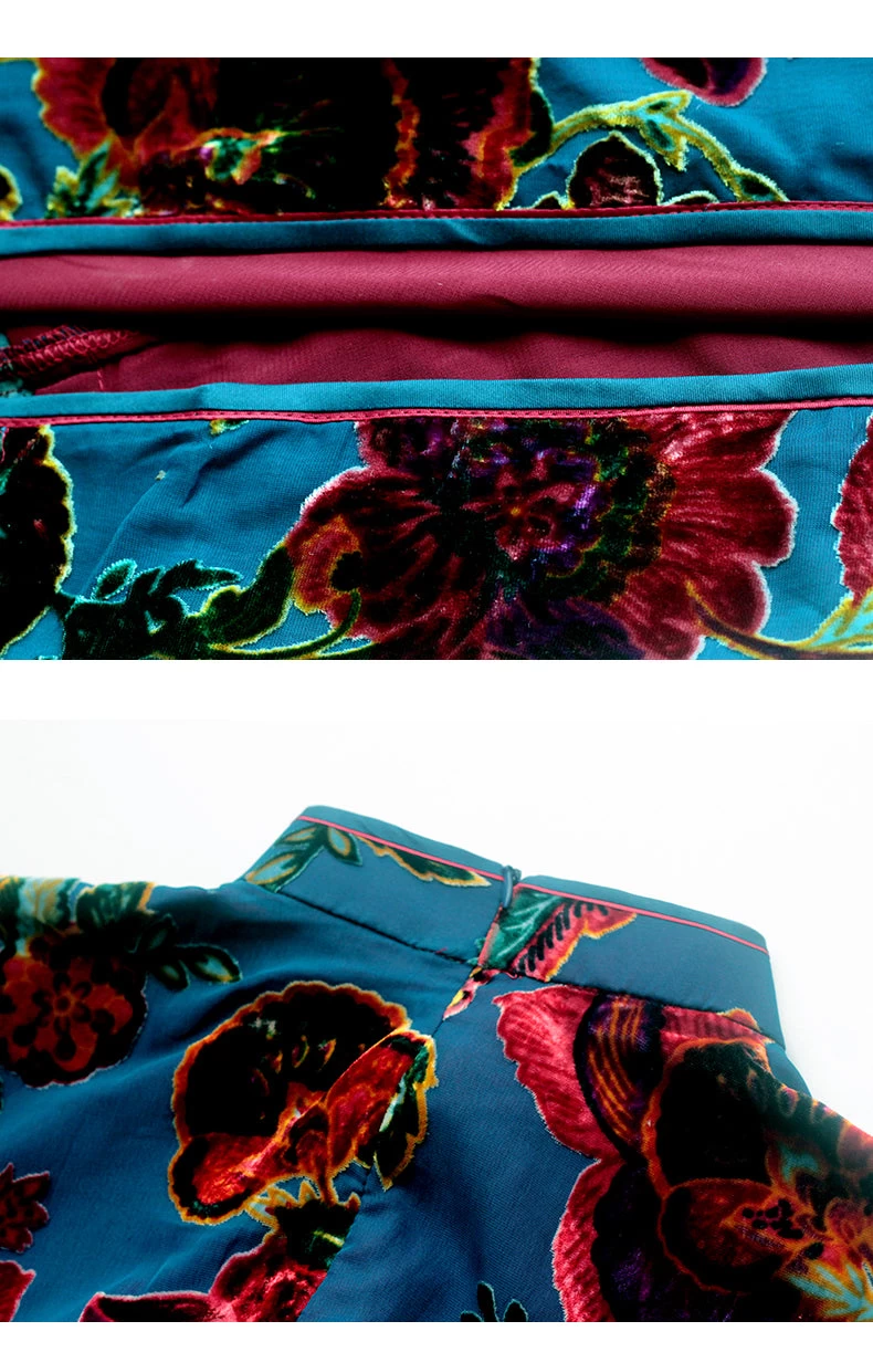 Women Vintage Velvet Qipao Cheongsam Blue Camellia Print | HANFUBAO