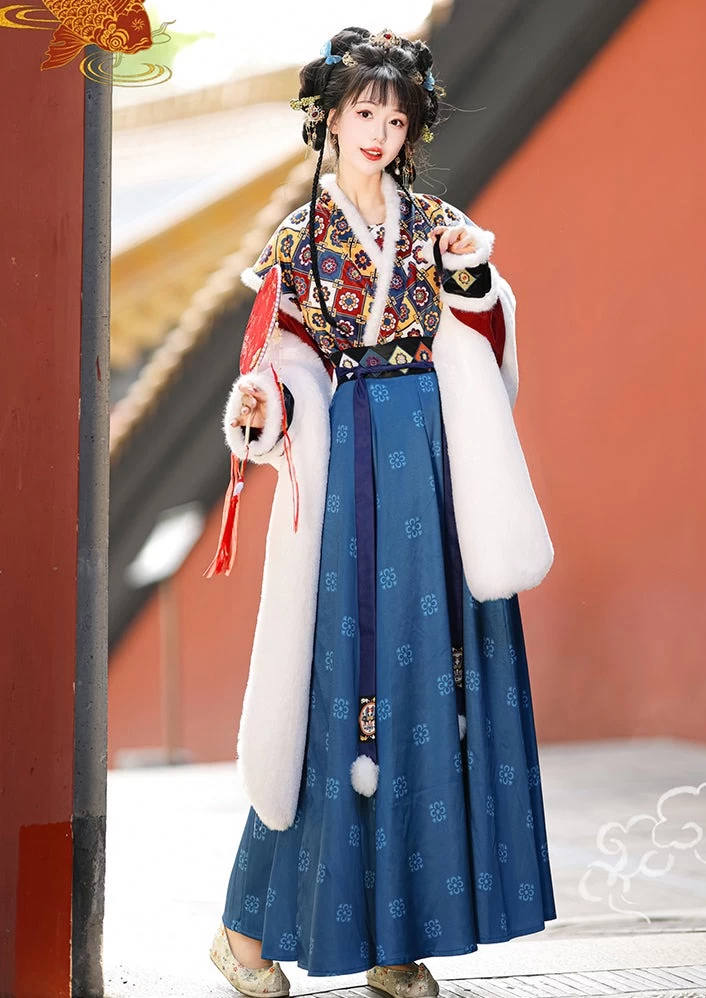 Women Modern Tang Dynasty Hanfu Set Faux Fur Shawl | HANFUBAO