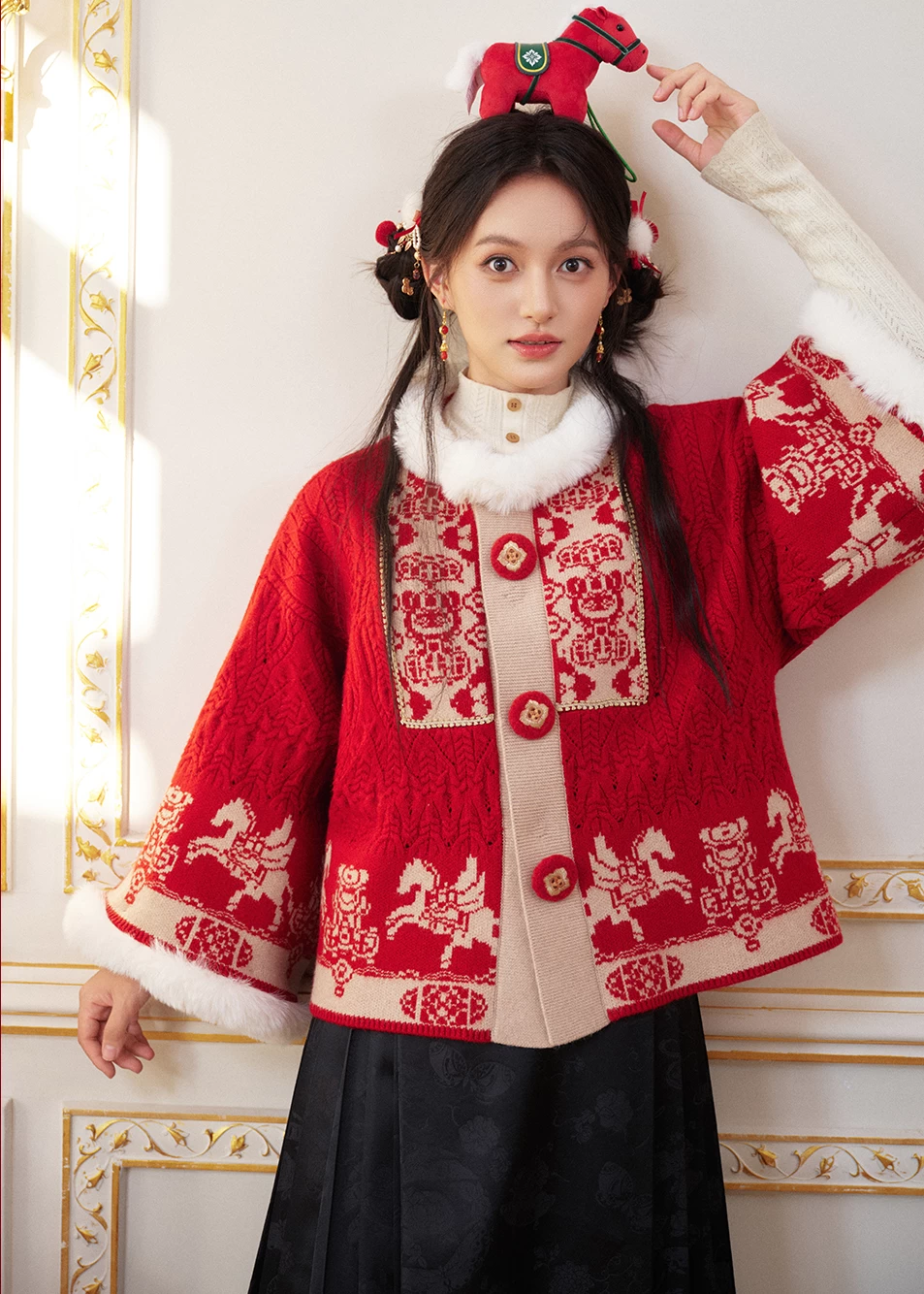 HANFUBAO | Women Acrylic Modern Hanfu Knit 3pc Set Festive Red Embroidery S-L