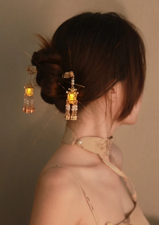 Women Pavilion Lantern Tassel Hairpin Gold Faux Pearl Metal| HANFUBAO