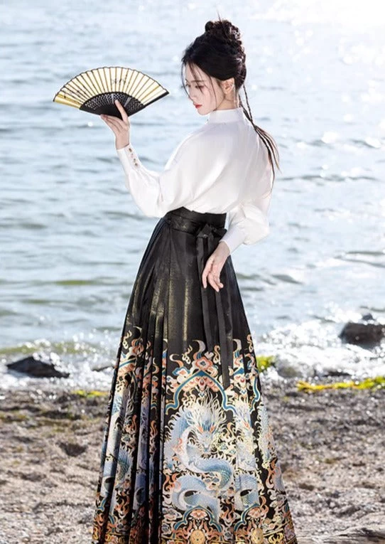 Women Modern Ma Mian Hanfu Skirt Dragon Embroidery Plus Size| HANFUBAO