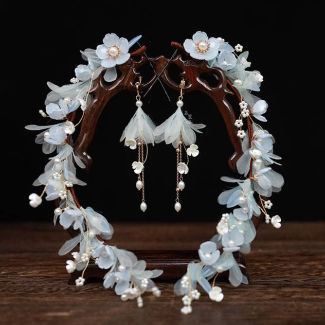 Women Hanfu Yarn Flower Hair Pieces & Earrings Set Snow White Orchid | HANFUBAO