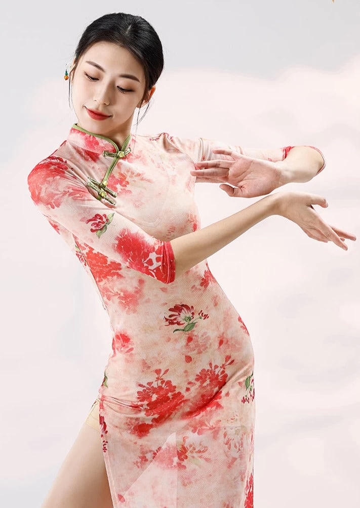 Women Modern Hanfu Stretch Dance Dress Set Rose Deer Print| HANFUBAO