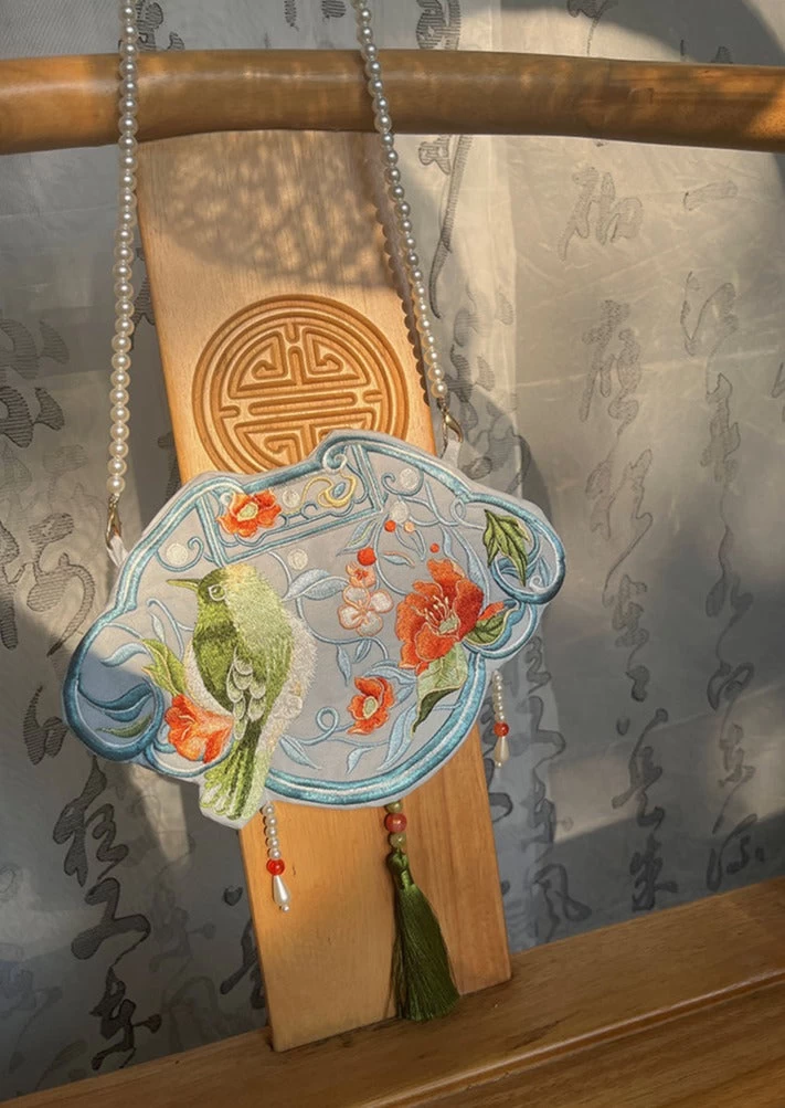 Unisex Hanfu Style Embroidered Bird Blue  Crossbody Bag 17x25cm | HANFUBAO