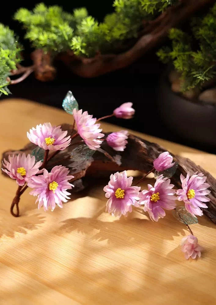 Women Daisy Flower Hair Clips Pair, Purple Yarn Hanfu Accessory | HANFUBAO