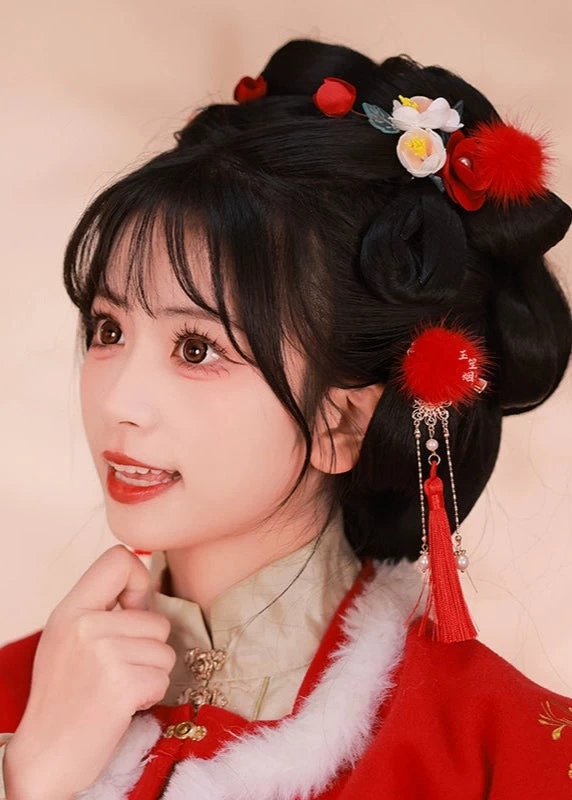 Unisex Hanfu Mink Fur Pom Hair Pieces Snowball White Set of 2 | HANFUBAO