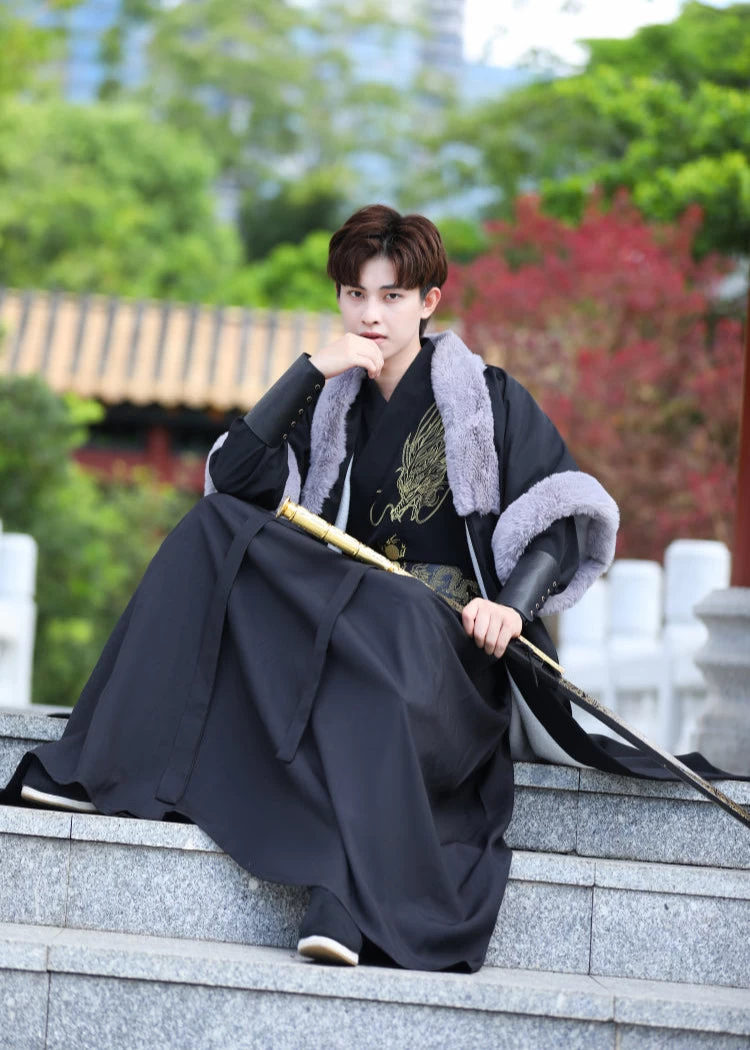 Men's 5-Piece Daily Hanfu Set Black Dragon Embroidered Plus Size| HANFUBAO