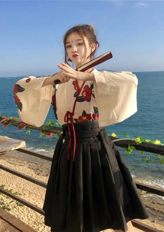 Women Modern Daily Hanfu Top & Short Skirt Black/Red Camellia Print  | HANFUBAO