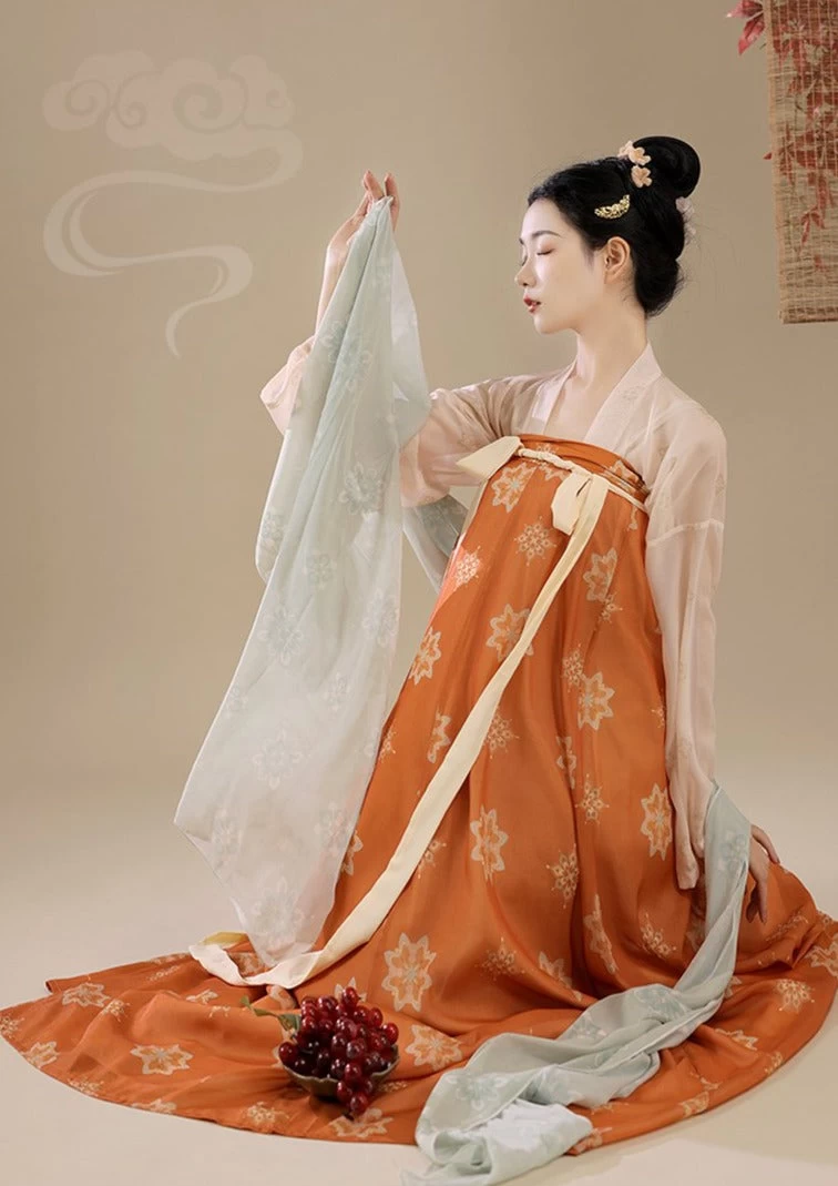 Women's Vintage Floral Embroidery Orange Chiffon Hanfu Dress Set| HANFUBAO