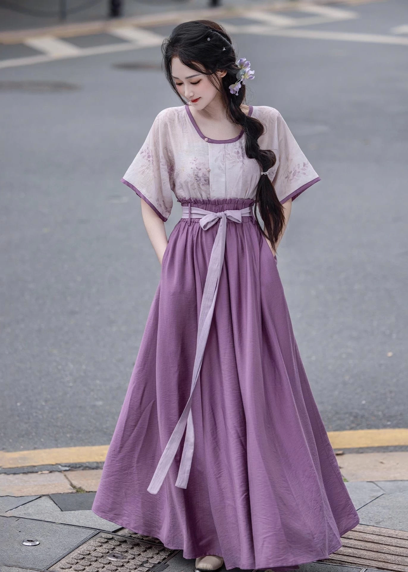 Women Viscose-Nylon Modern Hanfu 2-Piece Set Purple Wisteria | HANFUBAO