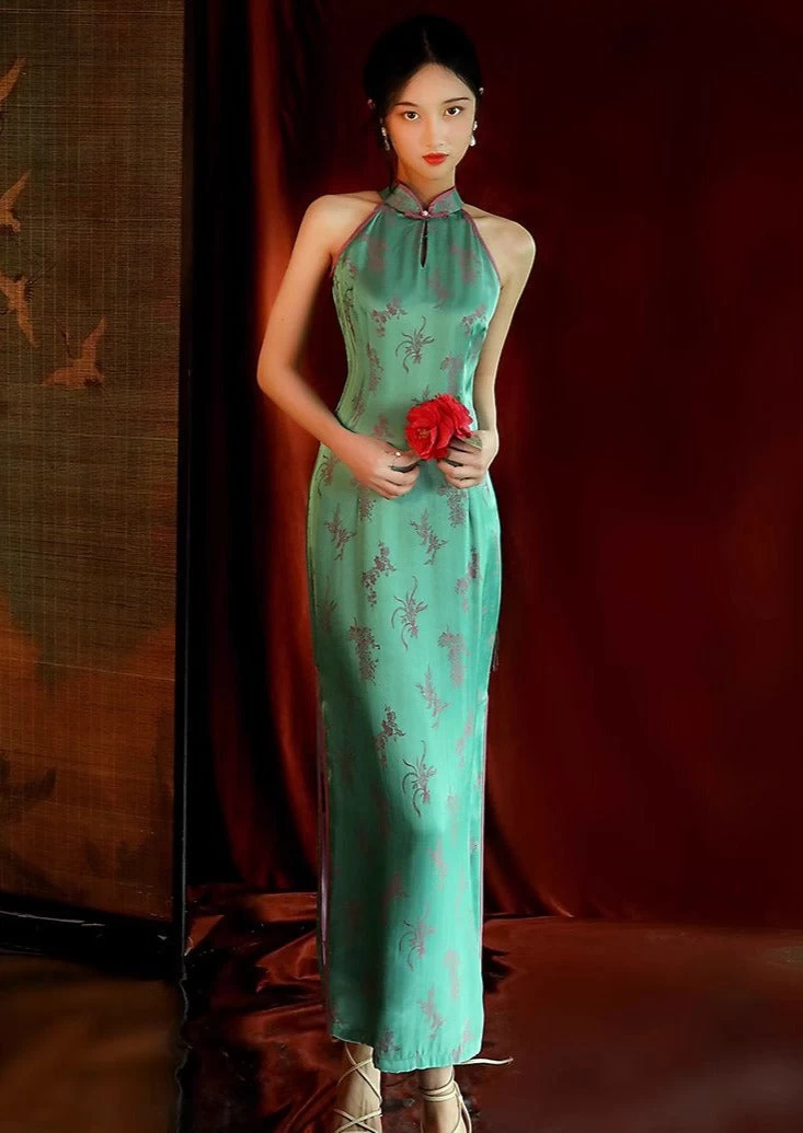 Women Satin Qipao Dress Emerald Floral High Slit| HANFUBAO