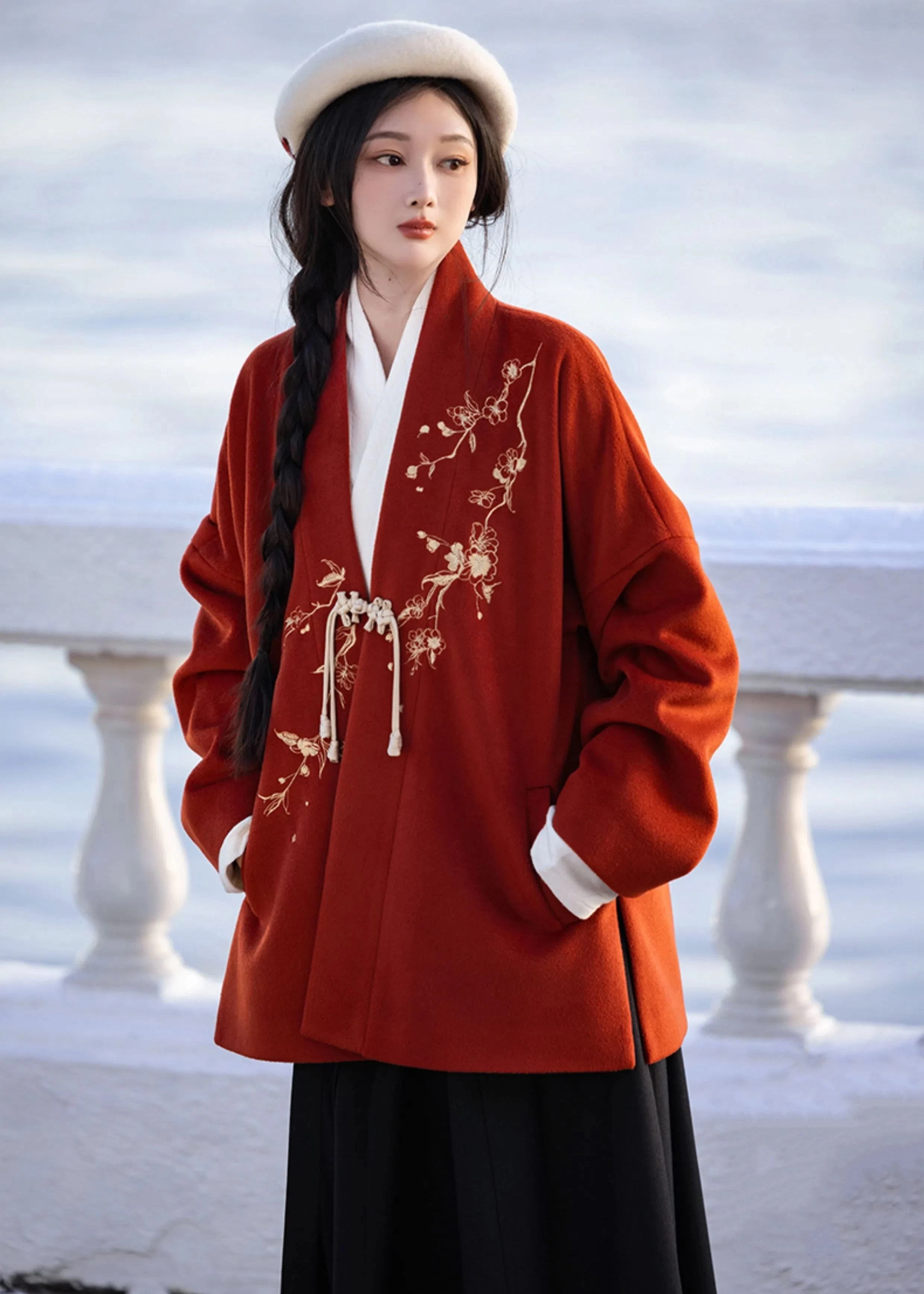 Women Modern Fleece Hanfu 3-Piece Set Plum Blossom Print | HANFUBAO