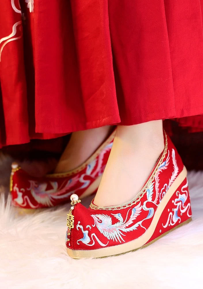 Bridal Embroidered Wedding Shoes Red Floral Butterfly Linen Pearls | HANFUBAO