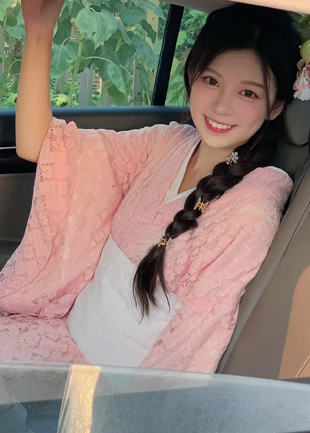 Women's Modern Hanfu 3-Piece Lace Kimono Set Sakura Pink Polyester| HANFUBAO