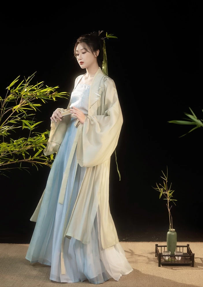 Women's Song Dynasty Daily Hanfu Set Blue Embroidered Lyocell Dress | HANFUBAO