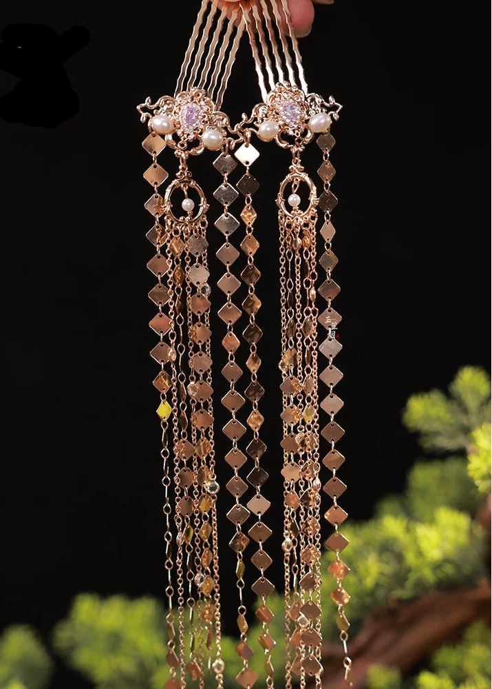 Women Blossom Shadow Tassel Hairpins Gold Metal Pair for Hanfu Styling | HANFUBAO