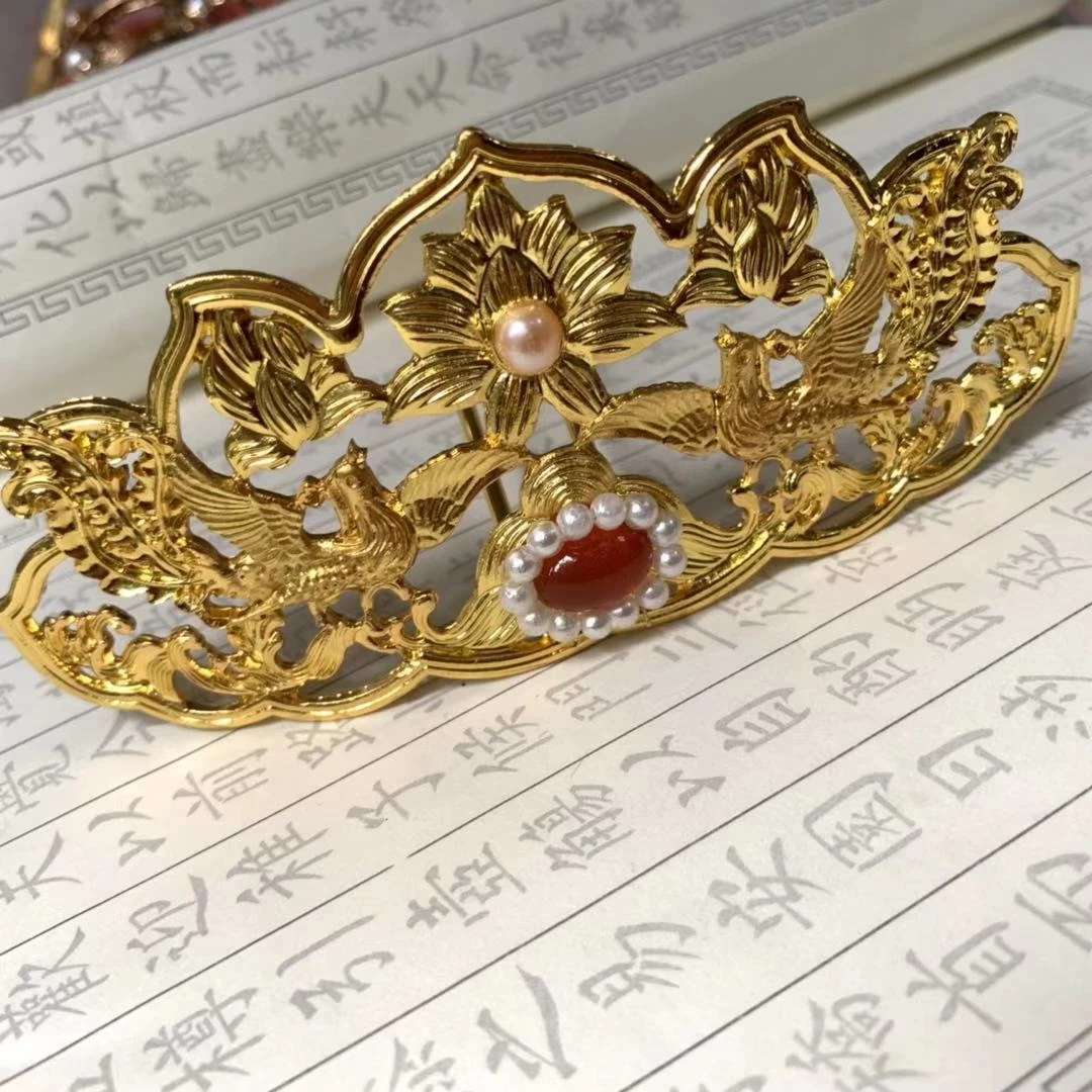 Women Copper Faux Pearl Hairpin Gold Peony Flower Crown | HANFUBAO