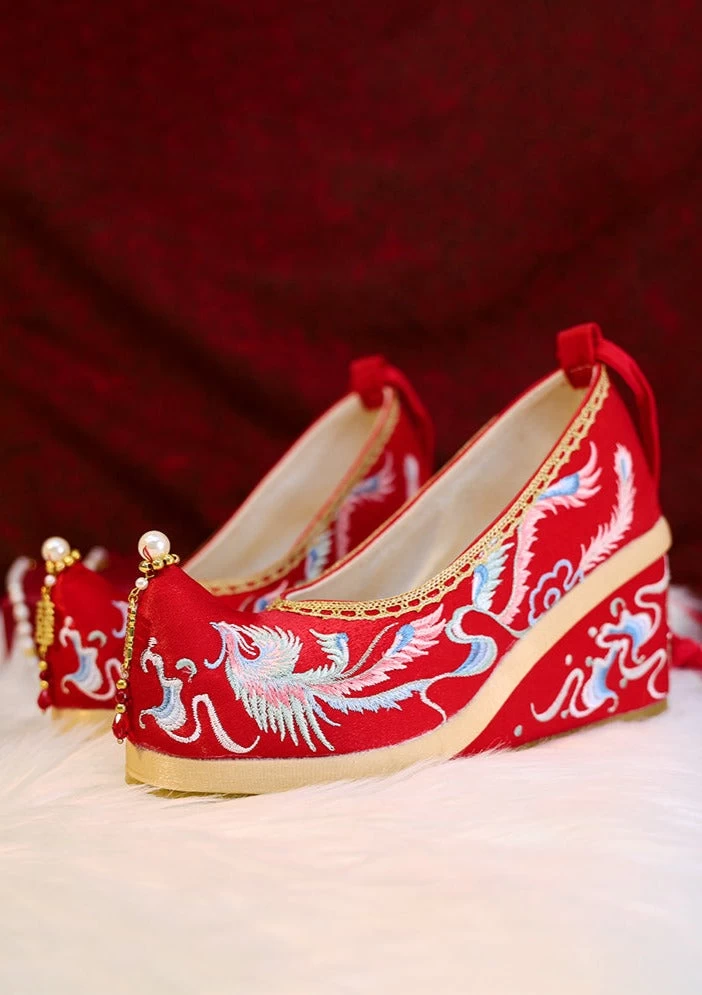 Bridal Embroidered Wedding Shoes Red Floral Butterfly Linen Pearls | HANFUBAO