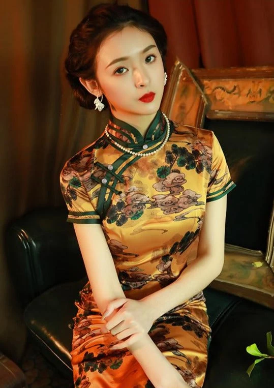 Women Cloud Satin Qipao Cheongsam Gold Cloud Print Daily Wear| HANFUBAO