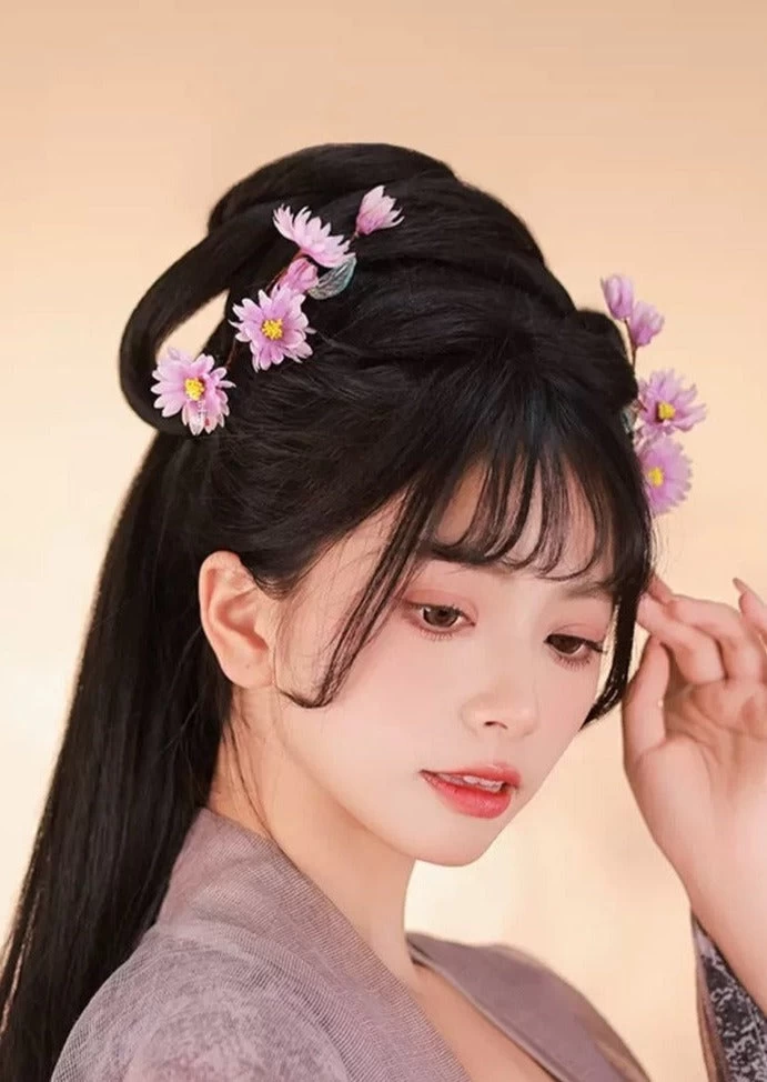 Women Daisy Flower Hair Clips Pair, Purple Yarn Hanfu Accessory | HANFUBAO
