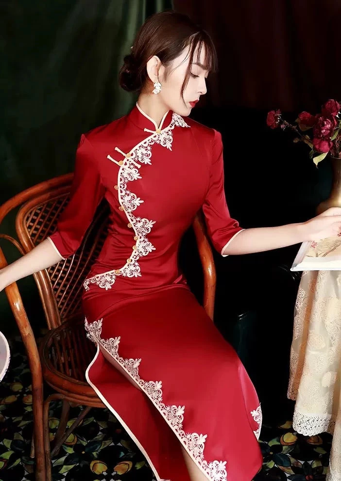 Women Modern Hanfu Satin Qipao Dress Ruby Red | HANFUBAO