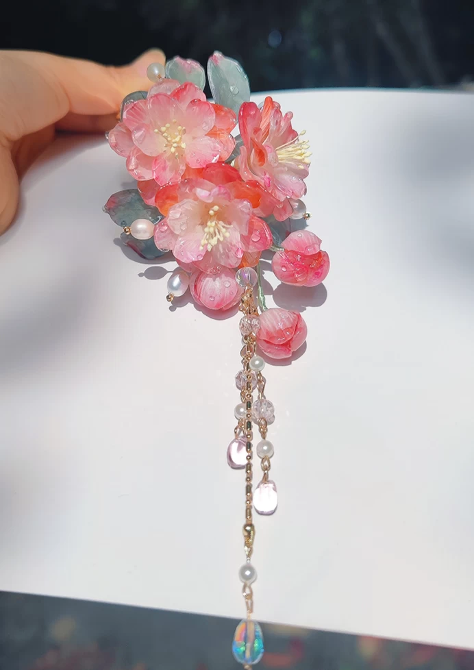 Women Handmade Cherry Blossom Pink Shrinky Dink Hanfu Hairpiece| HANFUBAO