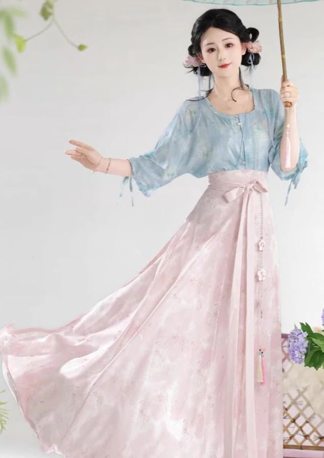 Women’s Floral Daily Hanfu 2-Piece Set Top & Skirt, Artificial Silk Blend | HANFUBAO