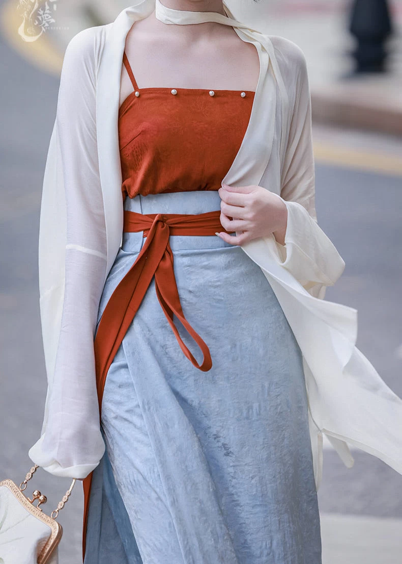 Women 3-Piece Daily Hanfu Set Mist Wait Tencel Skirt Top Cover-Up | HANFUBAO