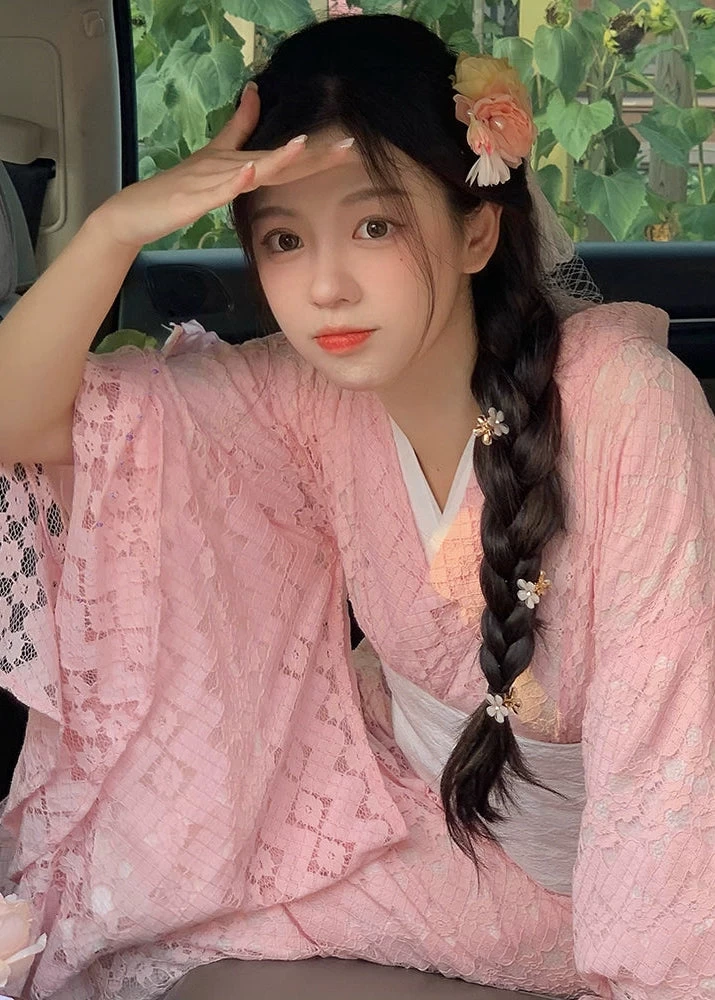 Women's Modern Hanfu 3-Piece Lace Kimono Set Sakura Pink Polyester| HANFUBAO